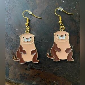 NWT - Adorable Otter Dangle Metal Earrings with Gold Colored Backs